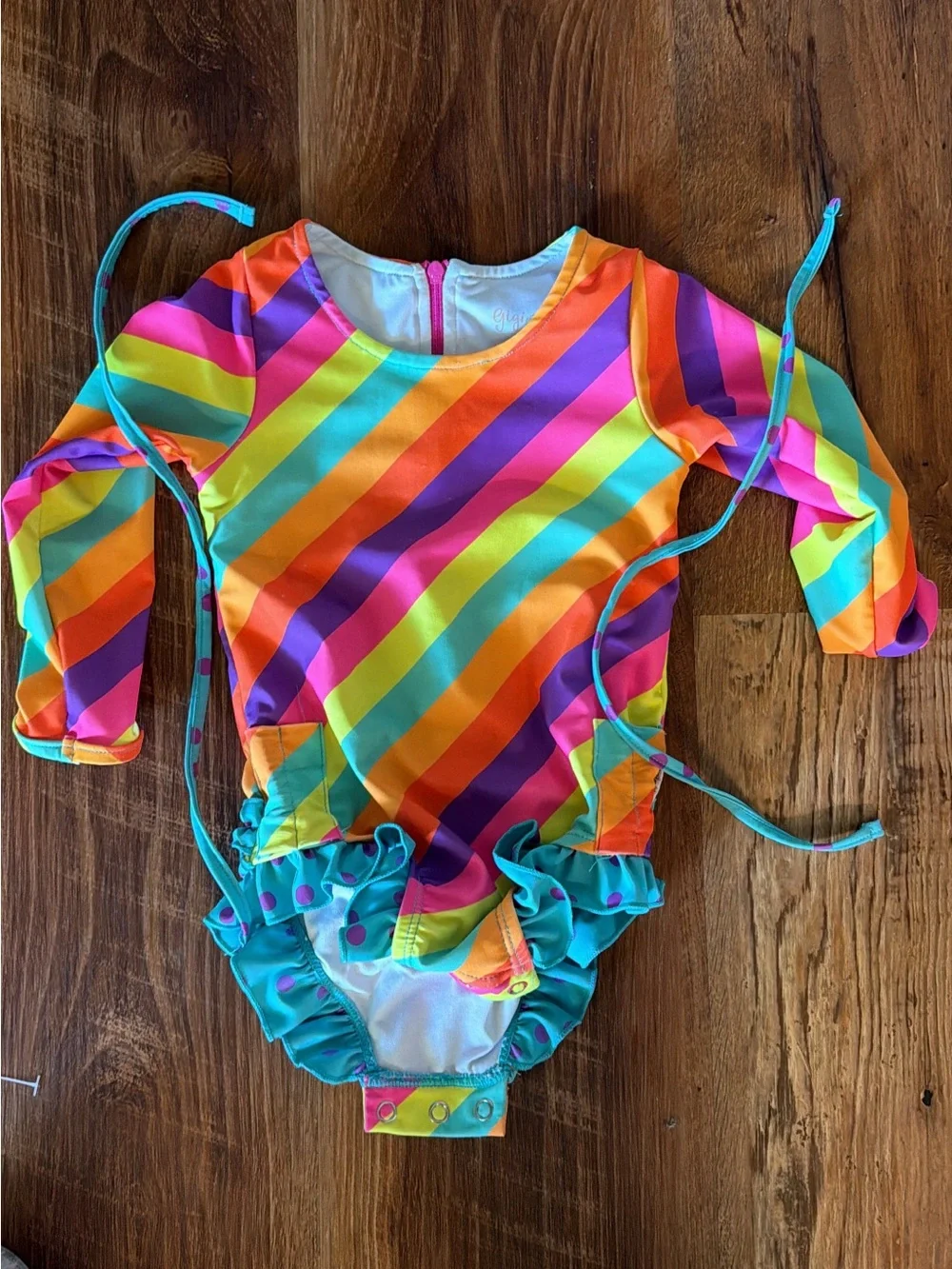 Girls' Rainbow Striped Long-Sleeve One-Piece Swimsuit - Multicolor